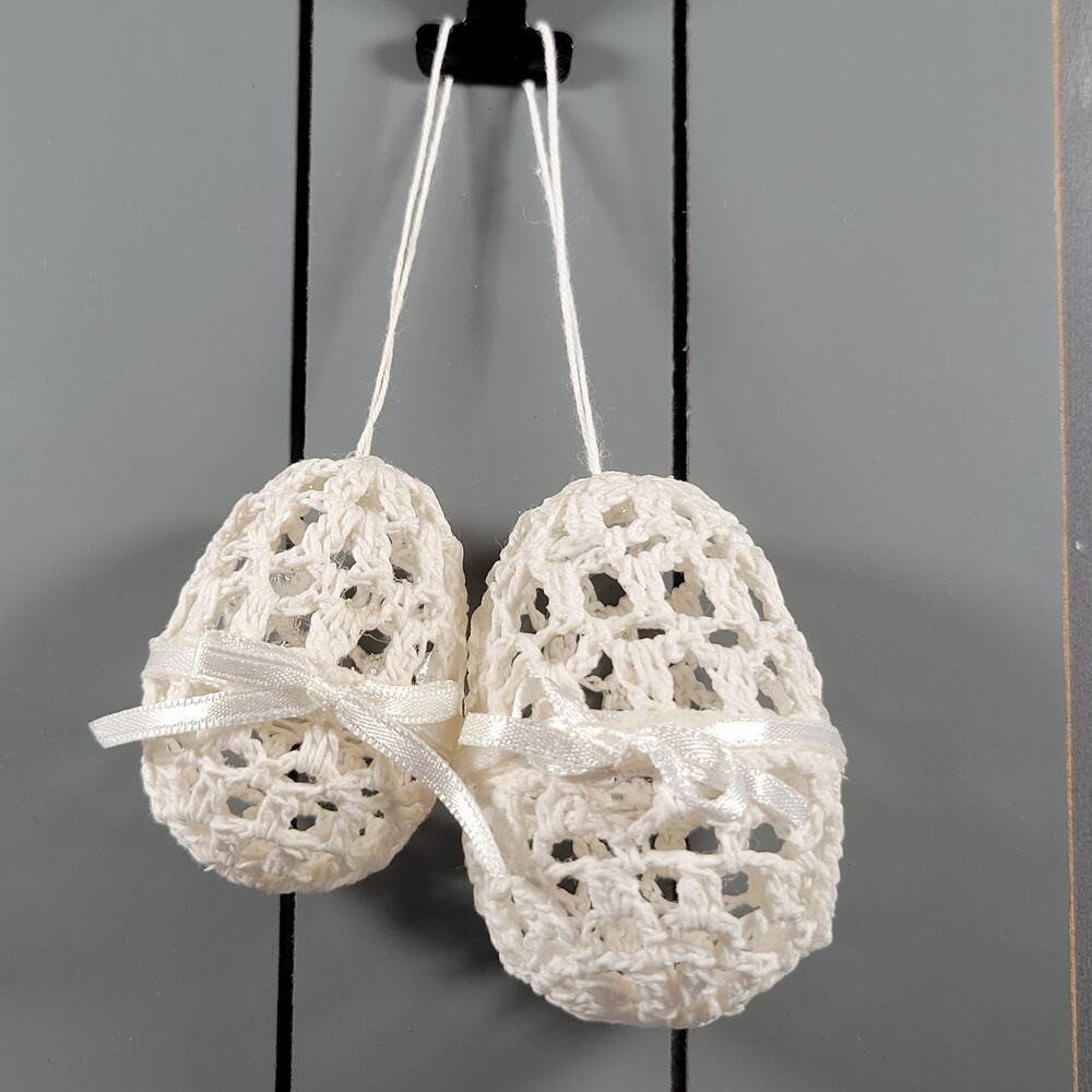 Set of 2 Eggs White Handmade Crochet Hanging Lace Ornaments with Ribbon Bows